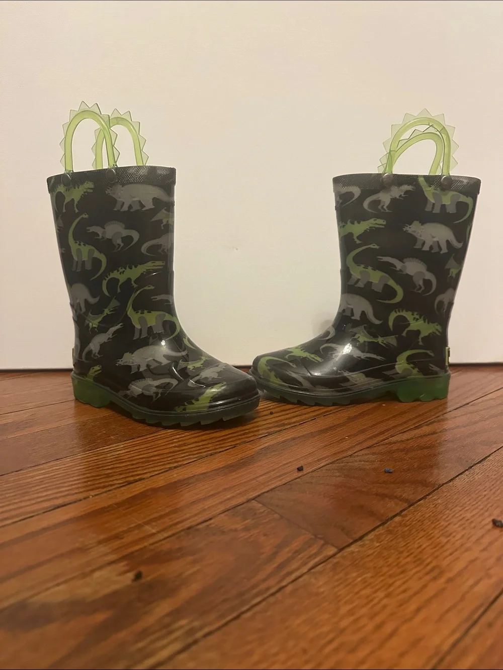 Kids' Green & Gray Dinosaur Rain Boots with Easy Pull Handles